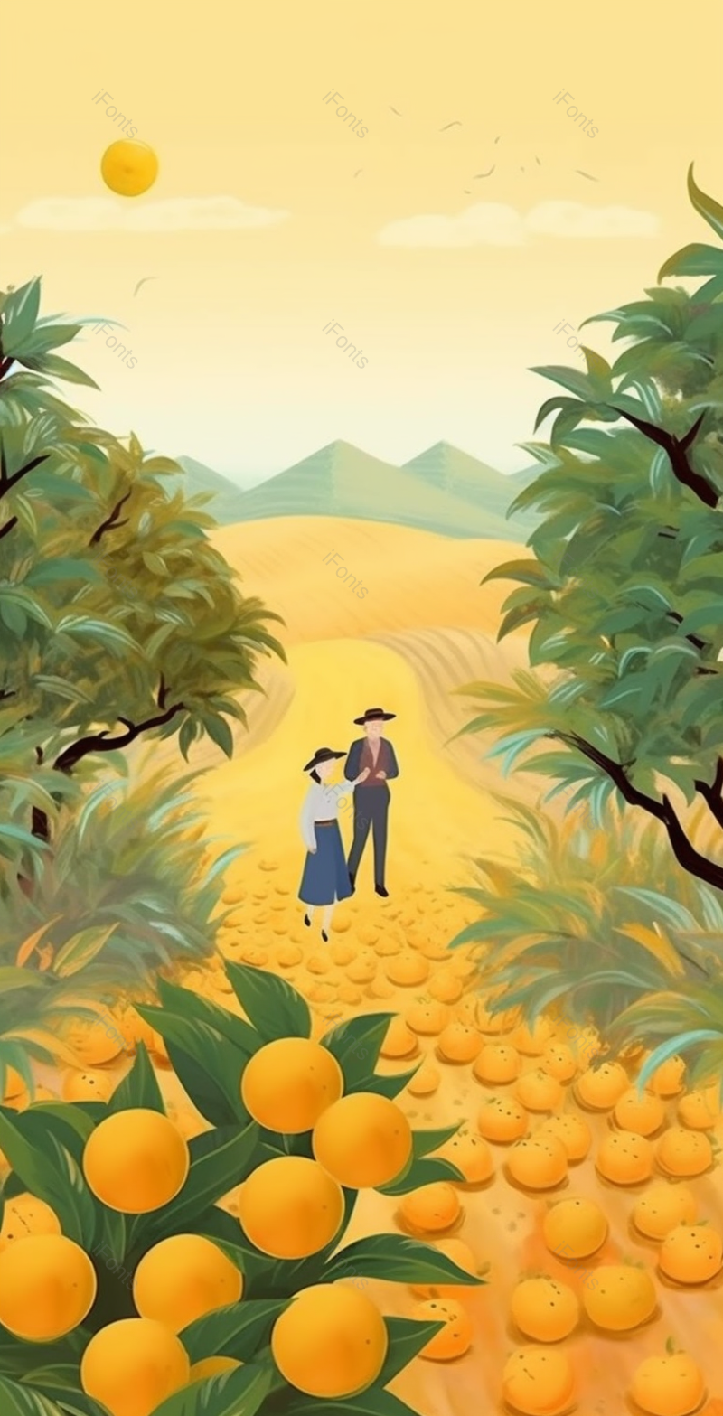 两人果园太阳节气芒种水果成熟橙子橘子园林丰收黄色浪漫插画,插画/手绘图,插画/手绘图库,插画/手绘图下载,插画/手绘